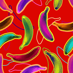 Seamless vector pop art pattern of colorful psychedelic dot halftone bananas and line banana silhouettes randomly scattered on deep red background.