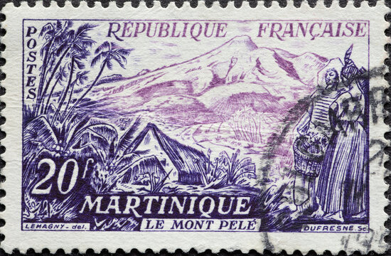France - circa 1955: A post stamp from France showing a landscape with Mount Pele, Martinique