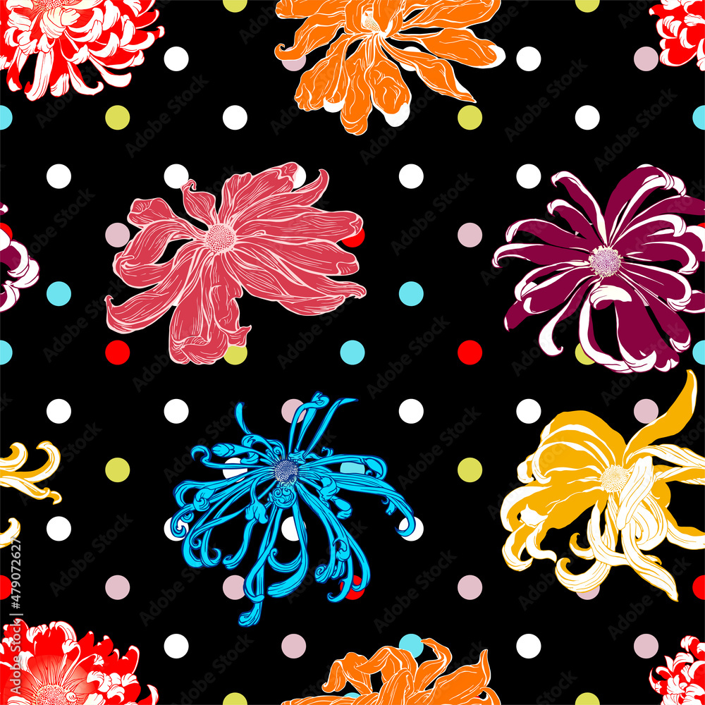 Poster seamless vector pattern of colorful chrysanthemums on polka dots on black background.