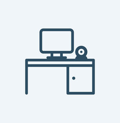Simple line icon stroke of a computer monitor on a desktop with camera, illustration