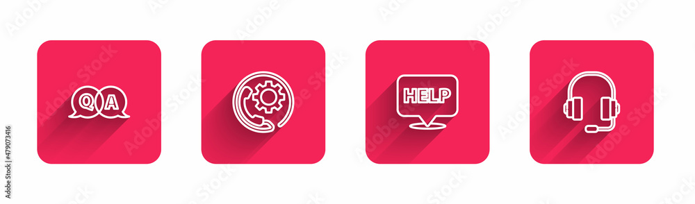 Poster set line question and answer, telephone 24 hours support, speech bubble with text help and headphone