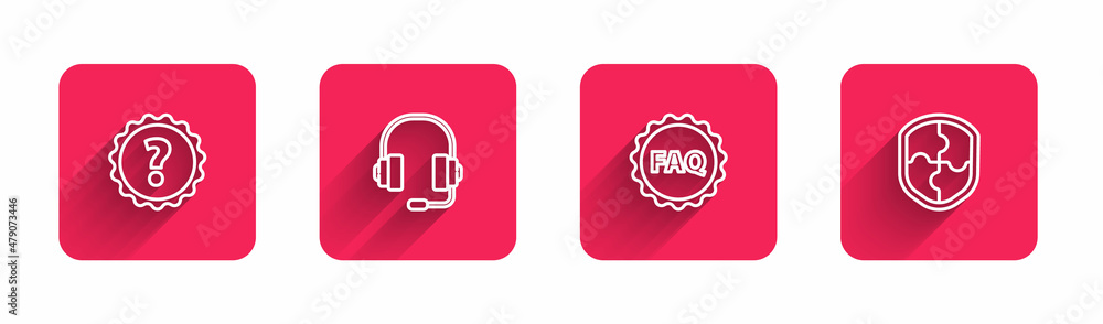 Poster set line question mark, headphones, label with text faq and shield with long shadow. red square butt