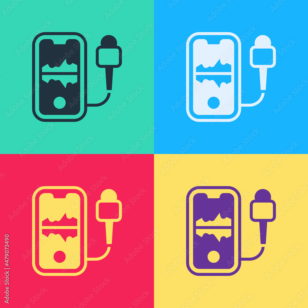 Poster pop art mobile recording icon isolated on color background. mobile phone with microphone. voice reco