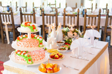 Holiday event celebration served table with cake in the banquet hall Russian European cousine 