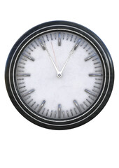 A 3d digital render of a clock with silver graduations and hands. The time is a little before one.