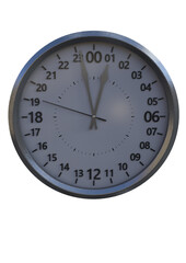 A 3d digital render of a universal clock with hands pointing to just before one.