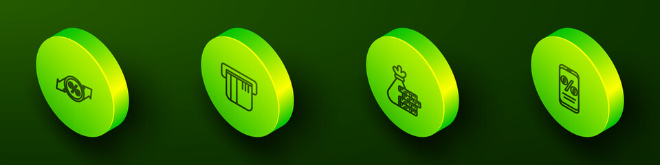 Set Isometric line Discount percent tag, Credit card, Money bag and coin and Percent discount mobile icon. Vector