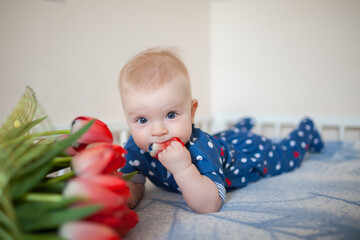 A little girl holding a tulip fly in her mouth