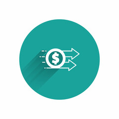 White Financial growth dollar coin icon isolated with long shadow background. Increasing revenue. Green circle button. Vector