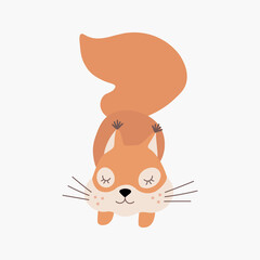 Scandinavian cute sleeping little squirrel. Hand drawn vector element for nursery decoration, baby shower, birthday, children's party, poster, invitation, postcard, kids clothes