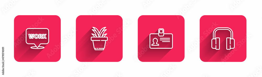 Poster set line location with text work, plant in pot, identification badge and headphones with long shadow