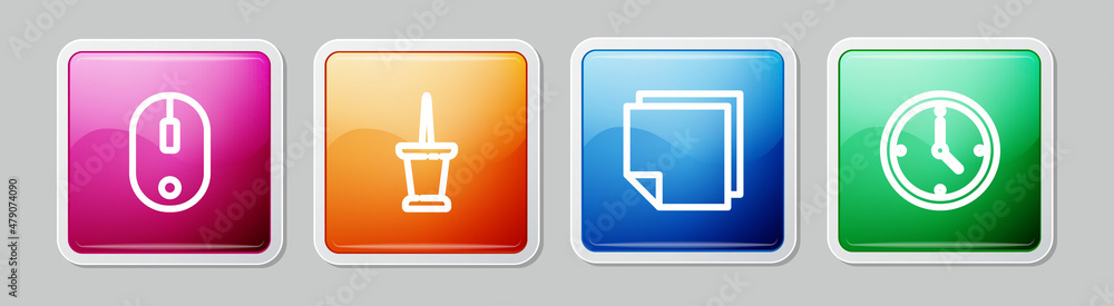 Poster set line computer mouse, push pin, post note stickers and clock. colorful square button. vector