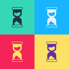 Pop art Old hourglass with flowing sand icon isolated on color background. Sand clock sign. Business and time management concept. Vector