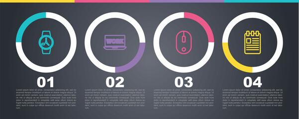 Set line Wrist watch, Laptop with text work, Computer mouse and Spiral notebook. Business infographic template. Vector