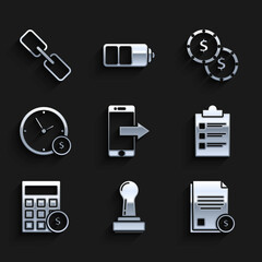 Set Smartphone, mobile phone, Stamp, Finance document, Clipboard with checklist, Calculator dollar symbol, Time money, Coin and Chain link icon. Vector