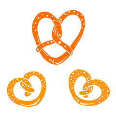 Pretzel set. Colorful paper cut collection of baked goods isolated on white background. Doodle hand drawn bakery products icons. Vector illustration