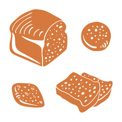 Rye bread loaf, toasts and buns. Colorful paper cut collection of baked goods isolated on white background. Doodle hand drawn bakery products icons. Vector illustration