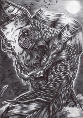 Illustration of a giant fish-like monster hugging a monolith © furiarossa