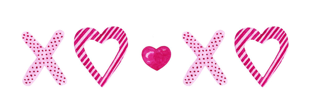 watercolor illustration of noughts and crosses, composition for a postcard isolated on a white background, sticker, hearts, valentine's day yes-no symbols