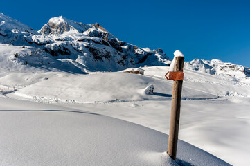 Totally snowy landscape near the Candanchu ski resort, in the Pyrenees Mountains, Spain.