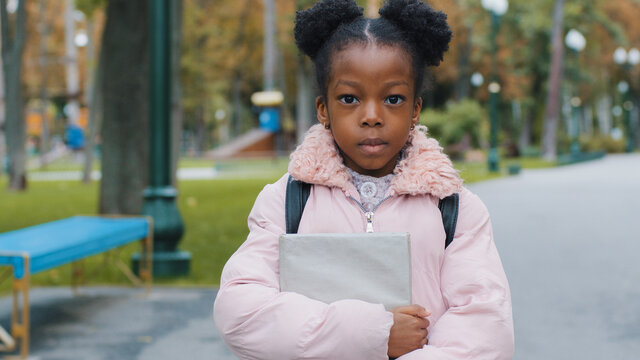 Close-up Afro Child Standing With Book In Hand In Park Schoolgirl Seriously Looking At Camera Portrait African American Kid With Hairstyle And Black Backpack After School Outdoors Pupil Get Education