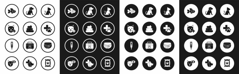 Set Cat, Shit, Veterinary clinic symbol, Fish, Dog, Aquarium with fish and Medical digital thermometer icon. Vector