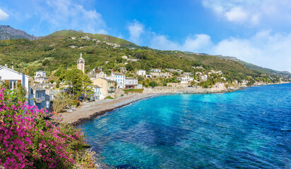 Landscape with Brando village and Plage de Lavasina in Corsica island, French