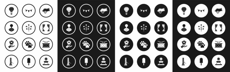 Set Cannon, Fireworks, Joystick for arcade machine, Hot air balloon, Curtain, Carnival garland with flags, Drum drum sticks and Hand holding playing cards icon. Vector