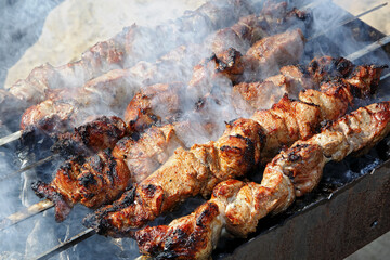 Delicious shish kebab shashlik barbecue on skewers grilled on coals in the grill Russian cuisine