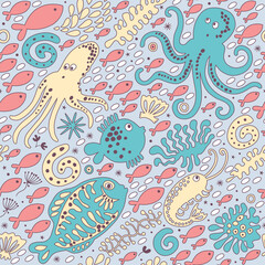 Seamless pattern with red hearts on a blue background.