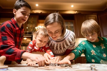 Family with three kids cooking ginger cookies. Merry Christmas, Happy New Year. Family time, preparation for holidays