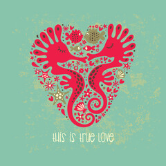 Romantic postcard. Cute sea horses and fish. © Elena Melnikova