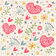 Simple seamless pattern with hearts and flowers.