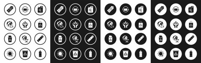 Set Bio fuel canister, Plant in hand of environmental protection, Planet earth recycling, Stop ocean plastic pollution, Plastic bag with recycle, Battery symbol, and Recycle bin icon. Vector