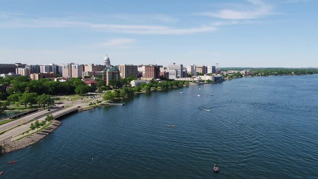 Drone Over Lake Monona in Summer Flying Towards Downtown Madison Wisconsin (Push In)