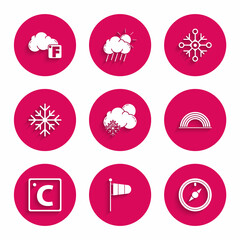 Set Cloud with snow and sun, Cone meteorology windsock wind vane, Wind rose, Rainbow clouds, Celsius, Snowflake, and Fahrenheit icon. Vector
