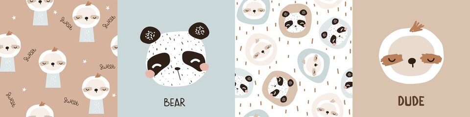 Fototapeta premium Set of cute seamless patterns and posters with panda and sloth. Childish graphic. Vector hand drawn illustration.. 