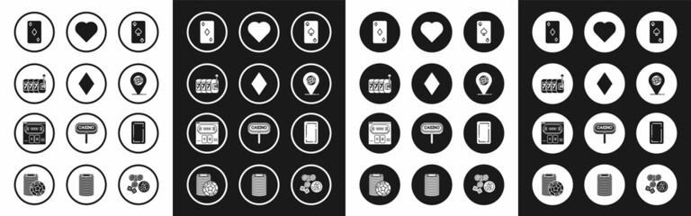 Set Playing card with spades symbol, diamonds, Slot machine lucky sevens jackpot, Casino location, heart, back and Online poker table game icon. Vector