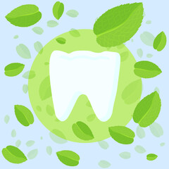 Vector illustration of world dentist day. Healthy white tooth on a blue background with mint leaves. To design an advertising poster in a dental center