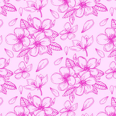 Obraz premium Vector seamless pattern with hand drawn twigs and sakura flowers on a white background. Cherry blossoms. wedding pattern, floral pattern for printing on fabric, clothing, wrapping paper.