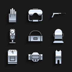 Set Case or box container for wobbler, Diving watch, Wetsuit scuba diving, Buoy, Backpack, Gauge scale, Fishing harpoon and Gloves icon. Vector