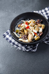 seafood mix salad squid, mussels, octopus, shrimps healthy meal food snack on the table copy space food background