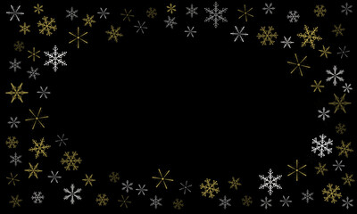 Obraz na płótnie Canvas Different golden and white snowflakes on a black background, in the middle a clear place for entering text