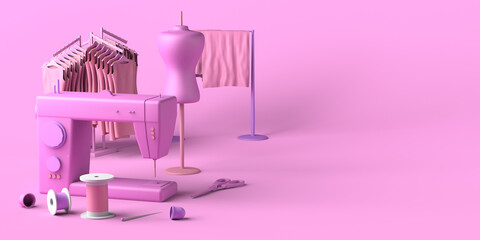 Sewing and fashion store. Tailoring shop with mannequins, fabrics, thimbles and sewing machine. Fashion designer. Copy space.  3D illustration.
