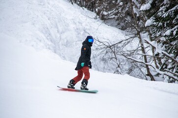Fototapeta na wymiar a girl on a snowboard rides down the side of the mountain