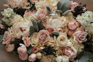 A bouquet of soft pink and white flowers.