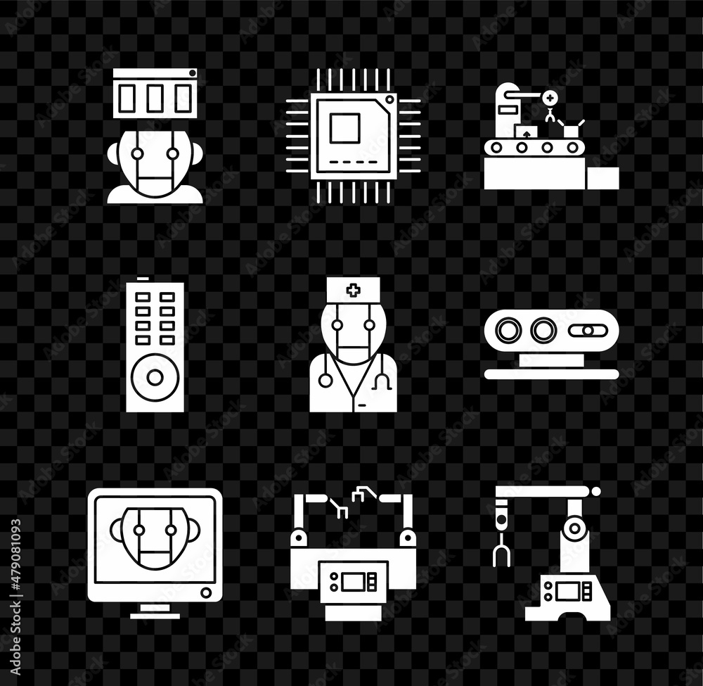 Poster set robot, processor with microcircuits cpu, factory conveyor system belt, bot, assembly line, remot