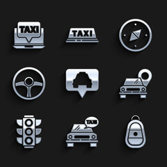 Set Map pointer with taxi, Taxi car, Car key remote, Traffic light, Steering wheel, Compass and Laptop call service icon. Vector