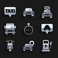 Set Stopwatch 24 hours, Map pointer with taxi, Electric car charging station, Scooter, Car, Taxi and icon. Vector