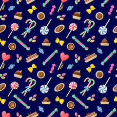 Seamless pattern with caramel and brown chocolate candies. Vector color illustration on the dark blue background.	